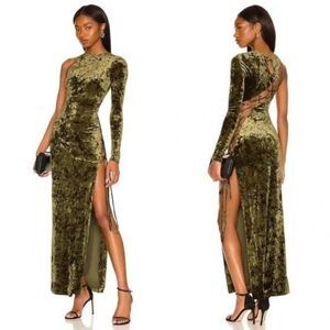 NEW Camila Coelho Gabriel Olive Green Velvet Strappy Maxi Dress Small